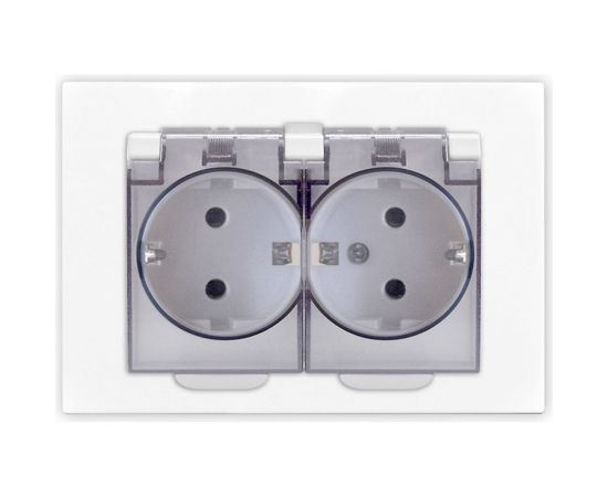 Двухместная розетка UNIVersal серия афина с/з с прозрачной крышкой, с/у, 16а, 220в, белая еврослот A0031 