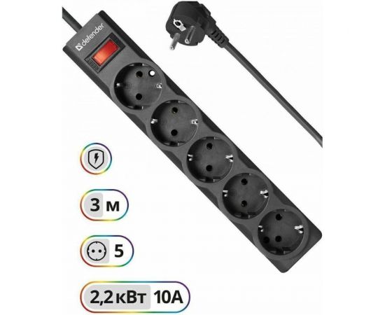 Сетевой фильтр Defender ES largo 3 черный, 3,0 м, 5 розеток 99498 – изображение 6