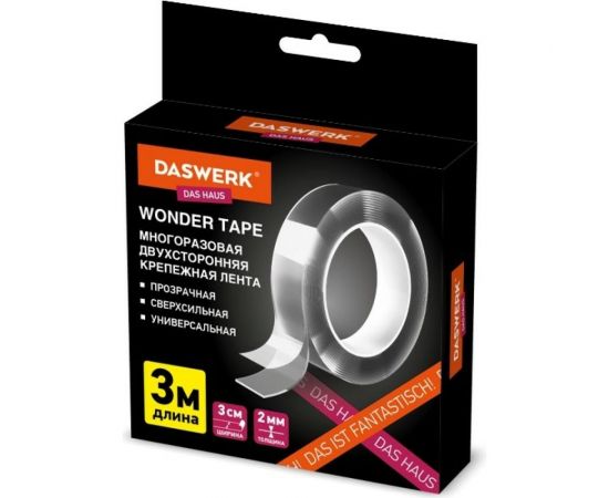 Многоразовая двухсторонняя прозрачная крепежная лента DASWERK NANO tape, 3 м х 30 мм, 2 мм 607928 – изображение 2