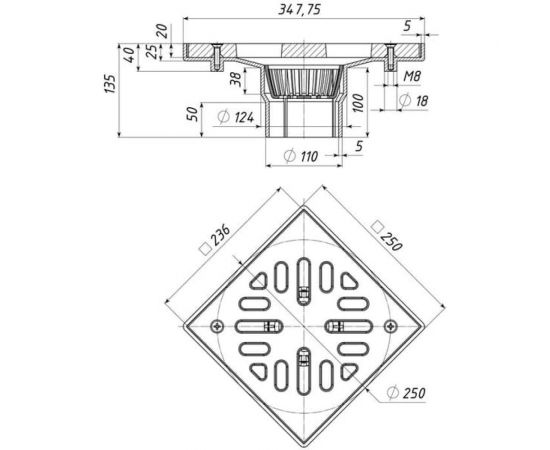 Дворовый трап Татполимер ТП-113.110-250VP чугунный, с грязеуловителем 250x250 15255 – изображение 6