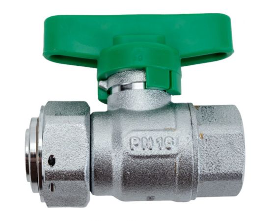Шаровой кран FAR хром, с обратным клапаном, 1/2ВР - 3/4"" накидная гайка, бабочка, зеленый FS 3047 12VC 