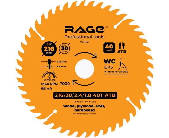 Диск пильный Universal 216 мм (8 1/2”), Z40, посадка 30+25.4/20/16 мм rage by VIRA 594235 