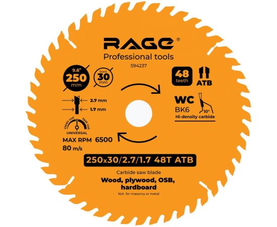 Диск пильный Universal 250 мм (9 7/8”), Z48, посадка 30+25.4/20/16 мм rage by VIRA 594237 