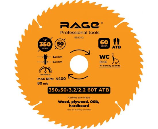 Диск пильный Universal 350 мм (14”), Z60, посадка 50+30 мм rage by VIRA 594242 