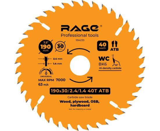 Диск пильный Universal 190 мм (7 1/2”), Z40, посадка 30+20/16 мм rage by VIRA 594233 