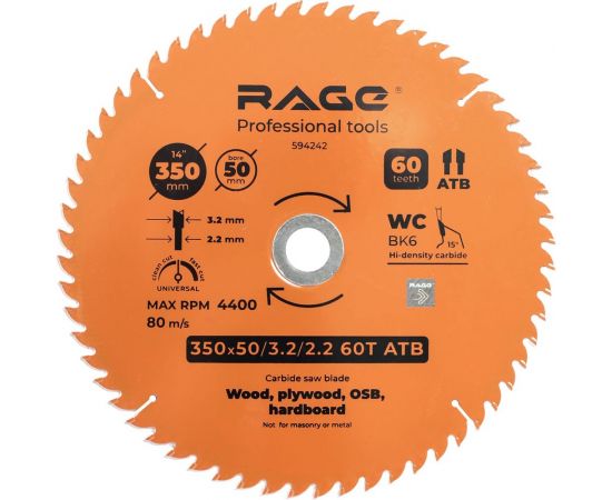 Диск пильный Universal 350 мм (14”), Z60, посадка 50+30 мм rage by VIRA 594242 – изображение 2