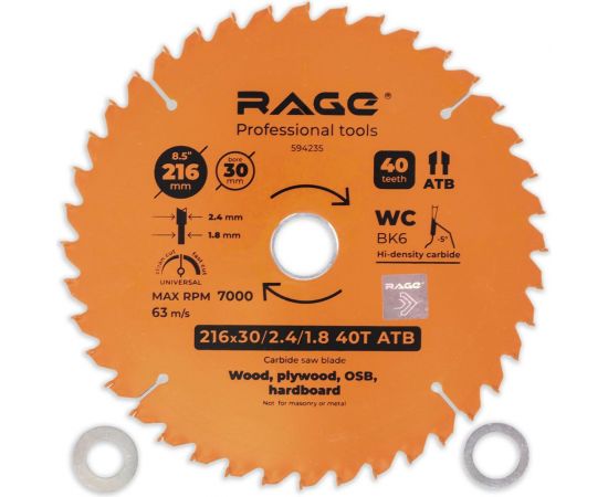 Диск пильный Universal 216 мм (8 1/2”), Z40, посадка 30+25.4/20/16 мм rage by VIRA 594235 – изображение 4
