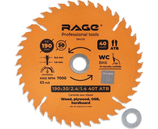 Диск пильный Universal 190 мм (7 1/2”), Z40, посадка 30+20/16 мм rage by VIRA 594233 – изображение 6