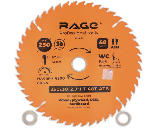 Диск пильный Universal 250 мм (9 7/8”), Z48, посадка 30+25.4/20/16 мм rage by VIRA 594237 – изображение 3