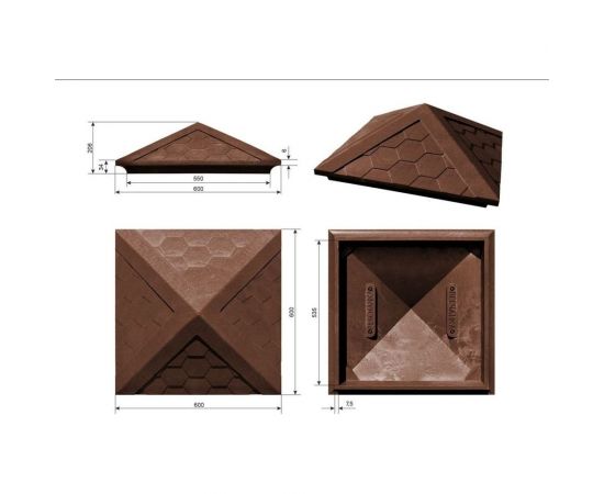 Колпак ППК на заборный столб 2x2 кирпича Neoкомпозит Гибкая черепица, 535x535x43 мм, коричневый КЗ-535 ГЧ К – изображение 3