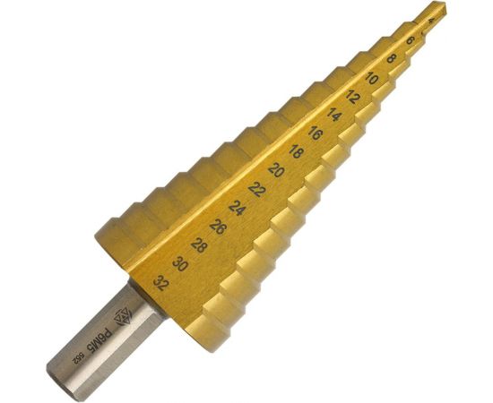 Сверло ступенчатое 4-32 мм, 15 ступеней, Р6М5 нитрид титан Волжский Инструмент 5038004 