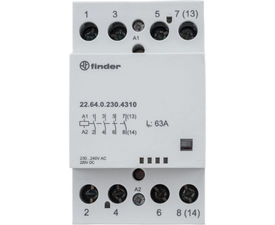 Модульный контактор Finder 4НО, контакта 63А, = 230В AC/DC, - AgSnO2, 226402304310 