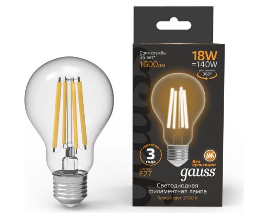 Лампа Gauss Filament А60 18W 1600lm 2700К Е27 LED 1/10/40 102902118 