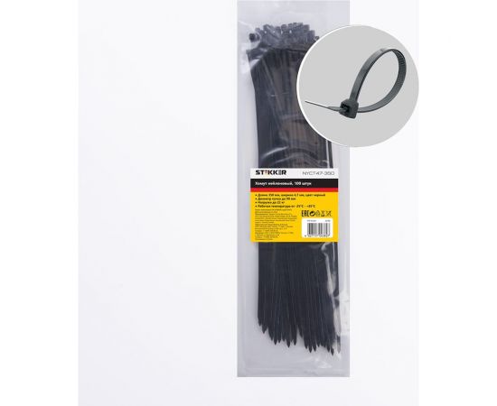 Хомут STEKKER NYCT47-350 нейлоновый 4.7x350 мм, 90 мм, нагрузка 22 кг, черный, 100 шт в упак 32790 