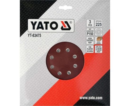 Набор шлифовальных кругов на липучке 3 шт, 225 мм, Р150, 8 отверстий YATO YT-83475 – изображение 3