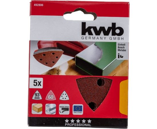 Треугольник шлифовальный (5 шт; 96 мм; К60) KWB 492806 – изображение 2