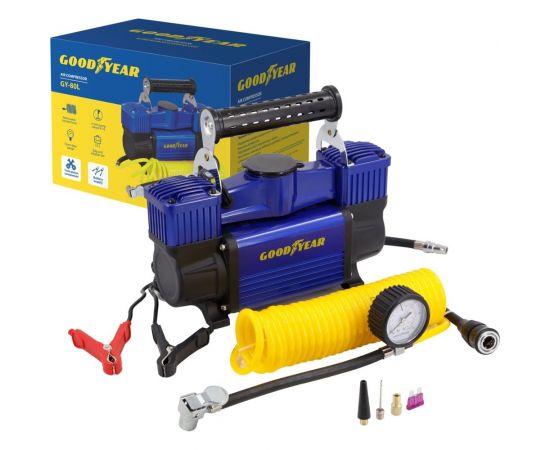 Воздушный двухпоршневой компрессор Goodyear GY-80L 80 л/мин., питание от АКБ, съемный витой шланг, сумка для хранения GY000118 
