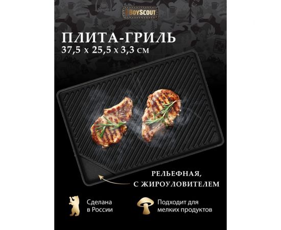 Чугунная рельефная плита-гриль для мангала BOYSCOUT 255х375х33 мм 61547 – изображение 2