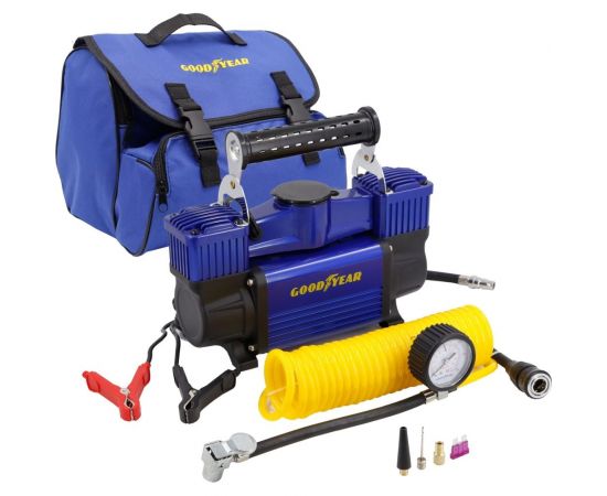 Воздушный двухпоршневой компрессор Goodyear GY-80L 80 л/мин., питание от АКБ, съемный витой шланг, сумка для хранения GY000118 – изображение 3