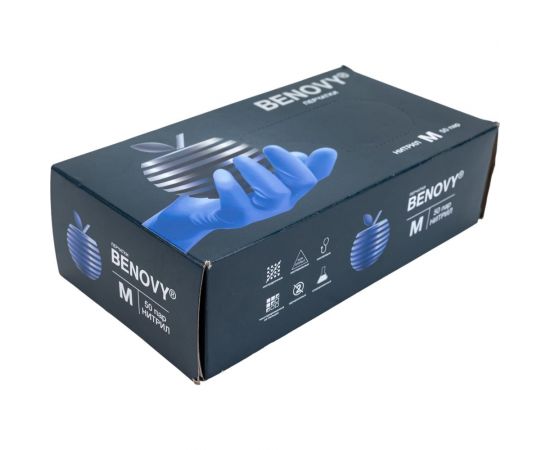 Медицинские диагностические одноразовые перчатки BENOVY нестерильные, нитриловые, текстурированные на пальцах, сиренево-голубые, р. м, 100 шт. 24 490 – изображение 4