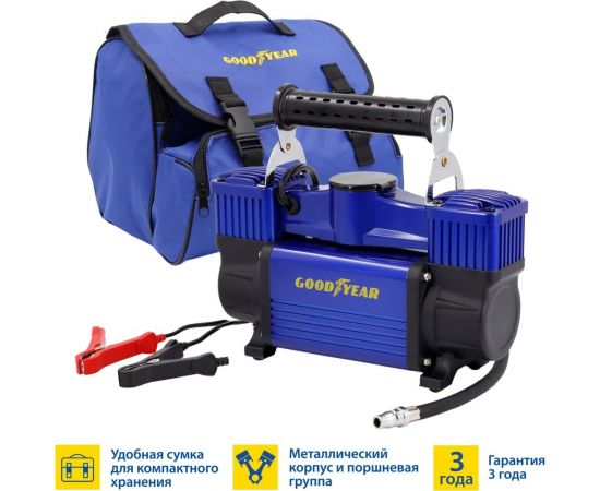 Воздушный двухпоршневой компрессор Goodyear GY-80L 80 л/мин., питание от АКБ, съемный витой шланг, сумка для хранения GY000118 – изображение 2