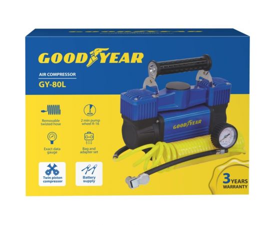 Воздушный двухпоршневой компрессор Goodyear GY-80L 80 л/мин., питание от АКБ, съемный витой шланг, сумка для хранения GY000118 – изображение 7