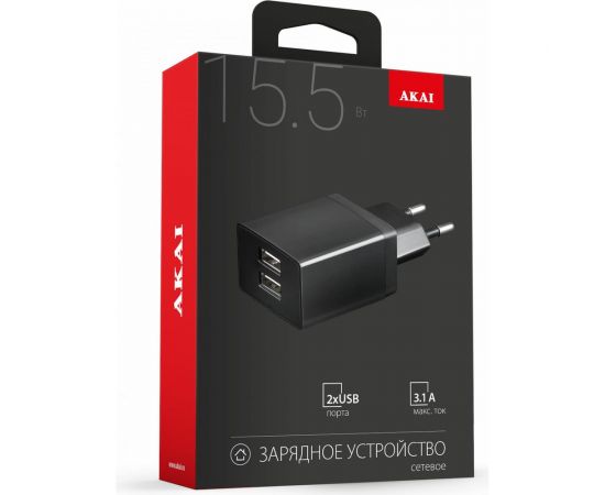 Универсальное сетевое зарядное устройство AKAI 2 USB 3.1A черный CH-6C04B – изображение 2