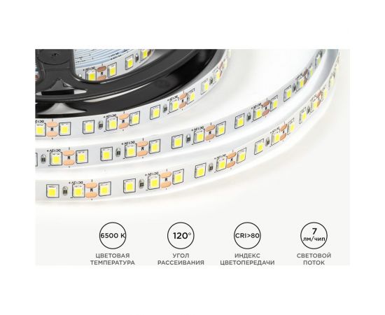 Светодиодная лента OGM 12В, 9,6Вт/м, smd2835, 120д/м, ip20, 7лм/чип, подложка 8мм, 5м, 6500к. / LSE-258 – изображение 2