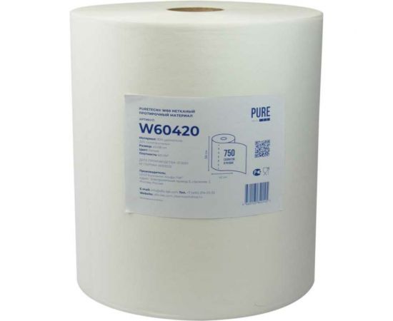 Нетканый протирочный материал Puretech W60 60гр/м2, 1 слой, белый, 38x42 см, 750 л/рулон W60420 