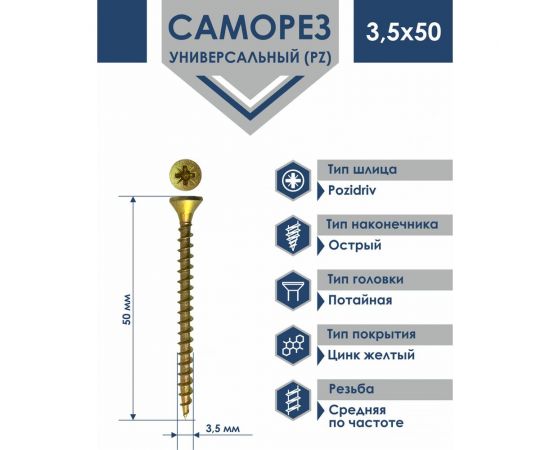 Универсальный саморез Daxmer PZ 3,5x50 острый желтый цинк 500 шт. 316319 – изображение 6