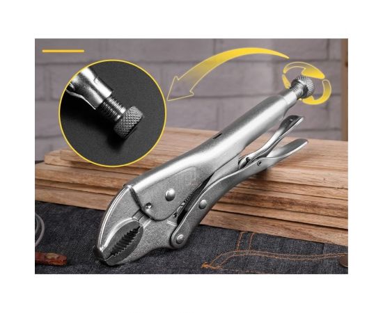 Зажимные клещи DELI dl0381 с изогнутыми губками, 200мм, рабочий ход 55мм, регулировочный винт 110709 – изображение 3