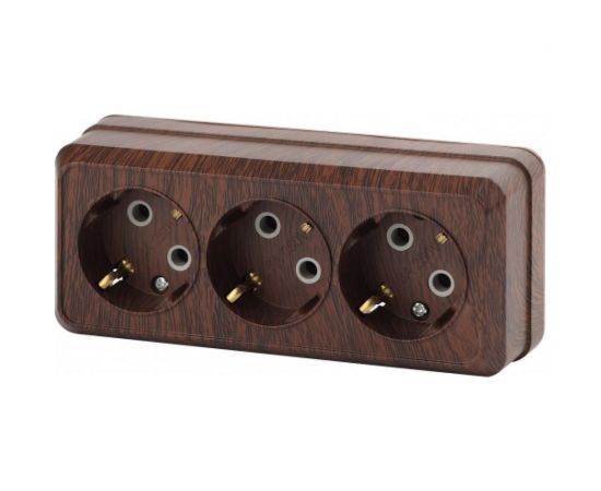 Розетка Intro Quadro 2-206-10 с заземлением трехместная 3x2P+E, 16А-250В, IP20, открытая установка, венге, Б0053824 