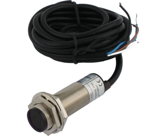 Диффузионный фотодатчик INNOCONT М18x1, зона срабатывания до 30 см, -10 +60 С, 12…24 VDC, IP67, выход: PNP NO + NC, макс. ток 200 мА, время реакции 3 мс, кабель 2 м PES-D18-POC30D (cable) 