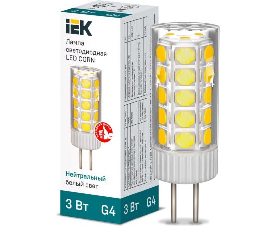 Светодиодная лампа IEK corn капсула 3вт 12в 4000к керамика g4 LLE-CORN-3-012-40-G4 