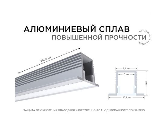 Алюминиевый профиль для Led ленты Apeyron встраиваемый, 12,4x9мм, 2м, лента до 5мм, комплект 08-39 – изображение 4