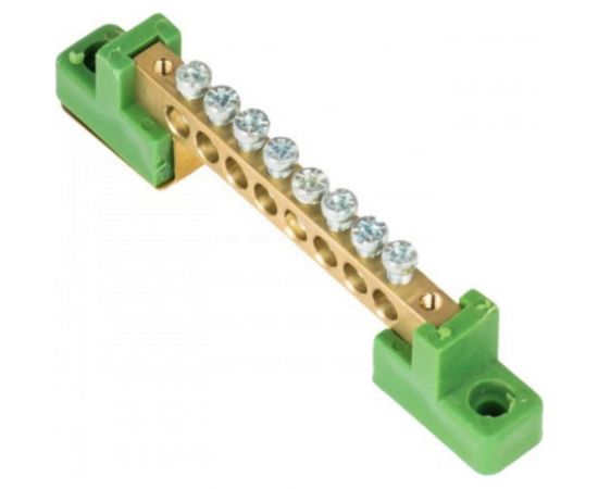 Нулевая шина EKF PROxima, PE, 6x9мм, 8 отверстий, латунь, 2 зелёных угловых изолятора, SQ sn0-63-08-2-pe 