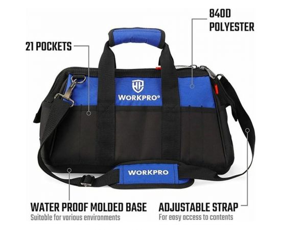 Сумка для инструмента WORKPRO 640D 510x260x290 мм, с широким горлом, на молнии, с пластиковым дном WP281026 – изображение 8