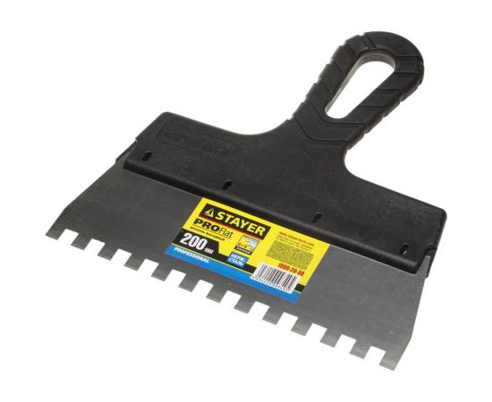 Нержавеющий зубчатый шпатель с пластмассовой ручкой, 200мм, зуб 8х8мм STAYER 1009-20-08 