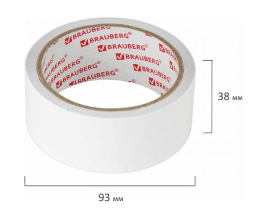 Двухсторонняя клейкая лента BRAUBERG 38 мм х 8 м, тонкая основа полипропилен, 90 микрон 600483 – изображение 6