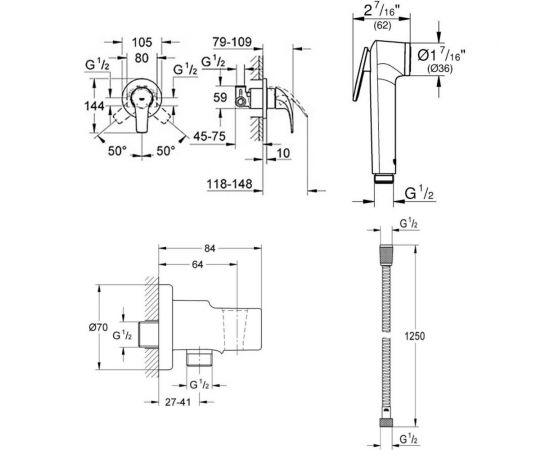 Готовый комплект для гигиенического душа GROHE встраиваемый смеситель гигиенический душ со шлангом и держателем хром 123072 00000057291 – изображение 2
