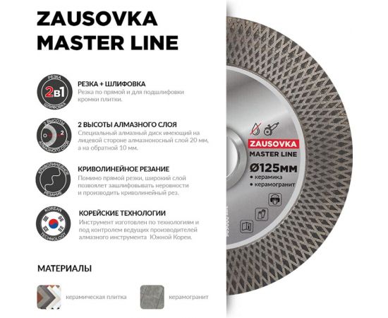 Круг алмазный по керамограниту ZAUSOVKA Master Line 125x1.9x20/10x22.2 мм Diam 000696 – изображение 2