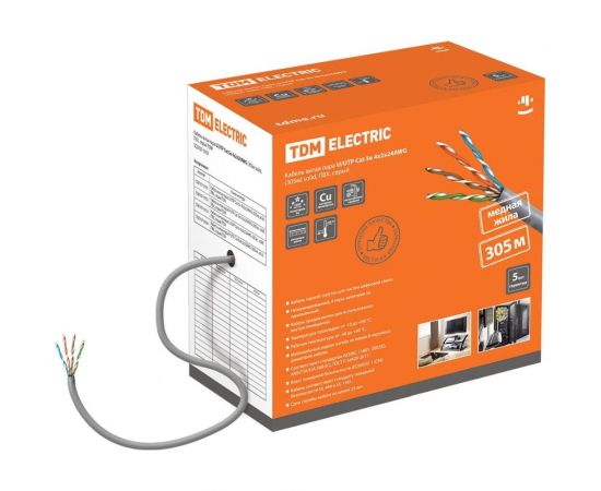 Кабель витая пара TDM U/UTP Cat 5e 4х2х24AWG 305м solid, ПВХ, серый SQ0107-0101 