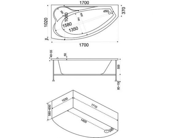 Ванна BAS Николь левая, 1700х1020 каркас, комплект д/с В 00027 – изображение 2