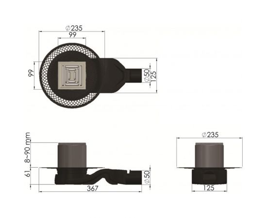 Напольный трап водосток BERGES PLATZ Uno 100х100, S-сифон, D50, H60, боковой выпуск, 42l/m 090169 – изображение 7
