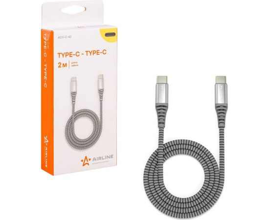 Кабель AIRLINE Type-C - Type-C поддержка PD 2м, серый нейлоновый ACH-C-42 