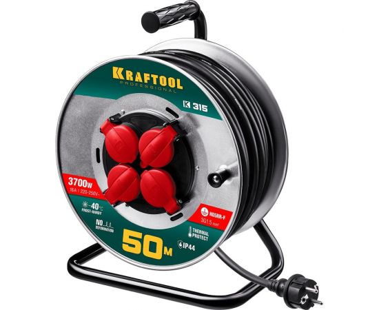 Удлинитель на катушке KRAFTOOL К-315 50м, 3700Вт, 4 гнезда, IP44, КГ 3х1.5кв.мм 55085-50_z01 