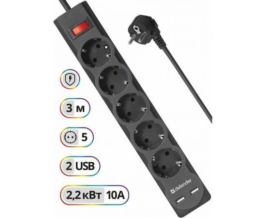 Сетевой фильтр Defender DFS 753 3,0 м, 5 розеток, 2xUSB, 2.1A 99753 – изображение 6