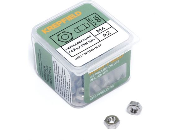 Гайка KREPFIELD нержавеющая, М4, DIN 934, А2, шестигранная, 100 шт. 934А2ГАЙКАМ4-100 
