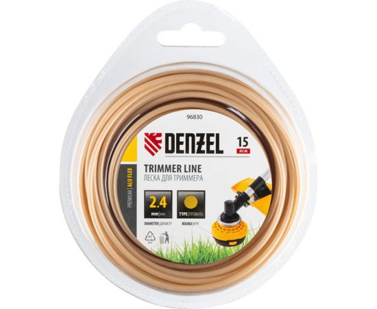 Леска армированная алюминием для триммера ALUFLEX 2.4 мм, 15 м, блистер, круглая Denzel 96830 