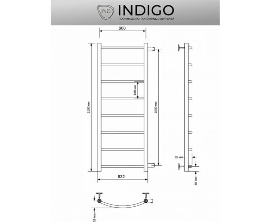 Полотенцесушитель INDIGO Arc 1"" - 1/2 110/60, м/о 100 см, бок.подкл. LASW110-60-б/п-100 – изображение 4